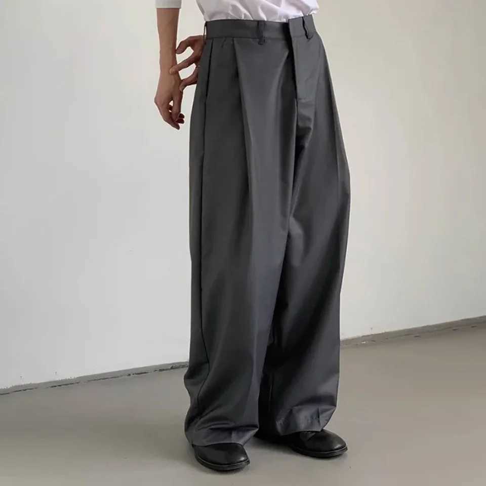 Mens Solid Baggy Fold Straight Wide Leg Grey Suit Pants Fashion Vintage Trousers Mens Clothing Cargo Pants Handsome SweatpantsX241023