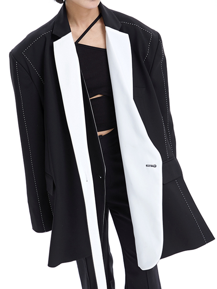 DEAT Fashion Women's Blazer New Loose Notched Double Button Long Sleeve Spliced Contrast Color Suit Jackets Autumn 2024 17A1665