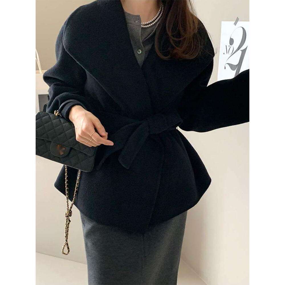 Big Turn-Down Collar Long Sleeve Double-Faced Cashmere Coat Lace-Up Chic Women Winter Woolen Coats Autumn New