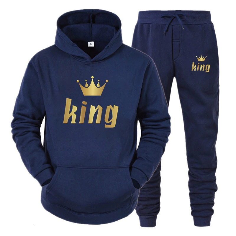Fashion long sleeved king and queen printed hoodie set for autumn and winter couples 2-piece set of hoodie and pants 241023