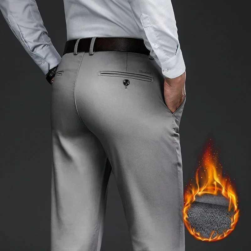 Classic Style Winter Warm Mens Business Straight Casual Pants Stretch Fabric Office Pants Fleece Thicken Trousers Khaki BlackX241023