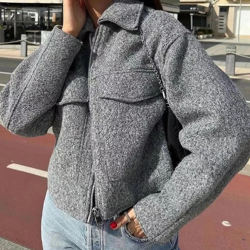 HXAO Womens Fashion Womens Jacket Denim Jacket Autumn Wool and Blended Jacket Long Sleeve Solid Jacket Jacket 241023