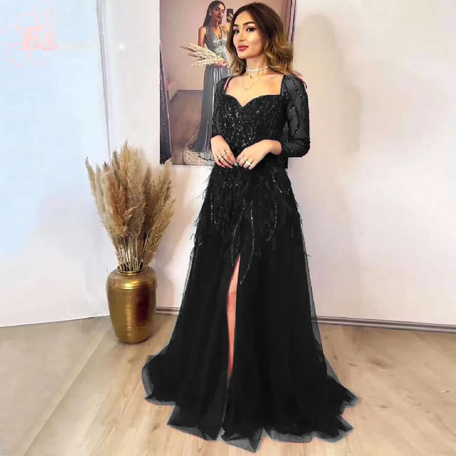 Evening Dubai Long Sleeves Dresses Women Glitter Sequin 2024 Formal Party Prom Gown High Slit Red Tulle Vestidos Bc18235