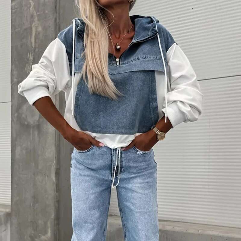 High end Women Elegant Denim Female Hoodie Sweatshirt Fashion Stitching Drawstring Hooded Ins High Street Jeans Long Sleeve