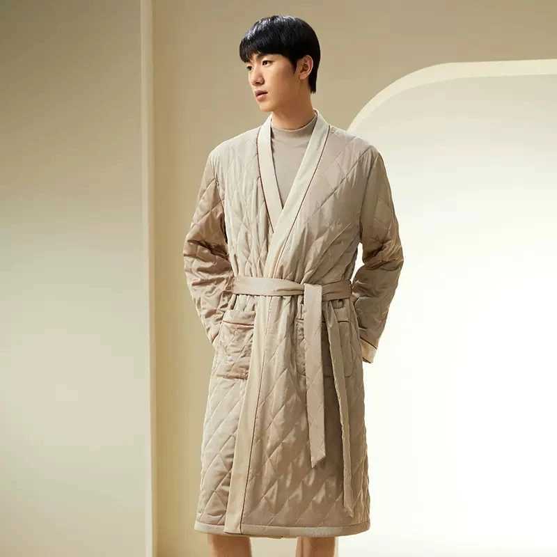 Birdtr filled 100% real mens silk robe patch work warm home clothing Ele thick evening gown new spring 2024 P41966QM W241023