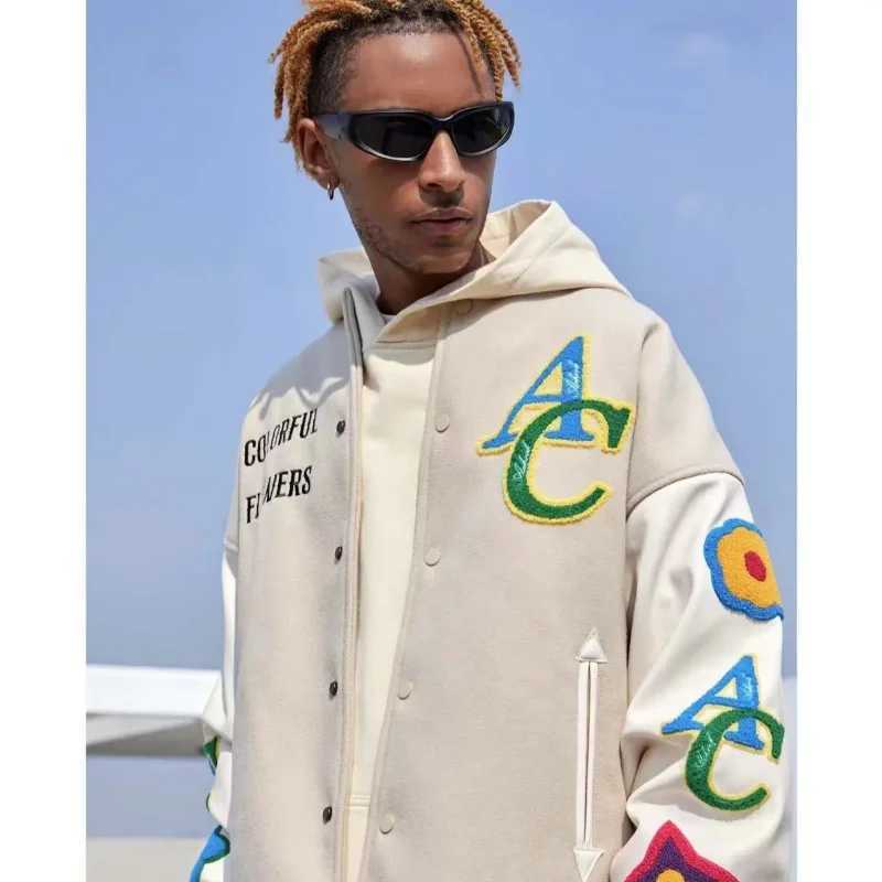 Floral embroidery plush jacket mens and womens T-shirt college baseball jacket motorcycle patch work hip-hop bomber jacket autumn 2023 X241023