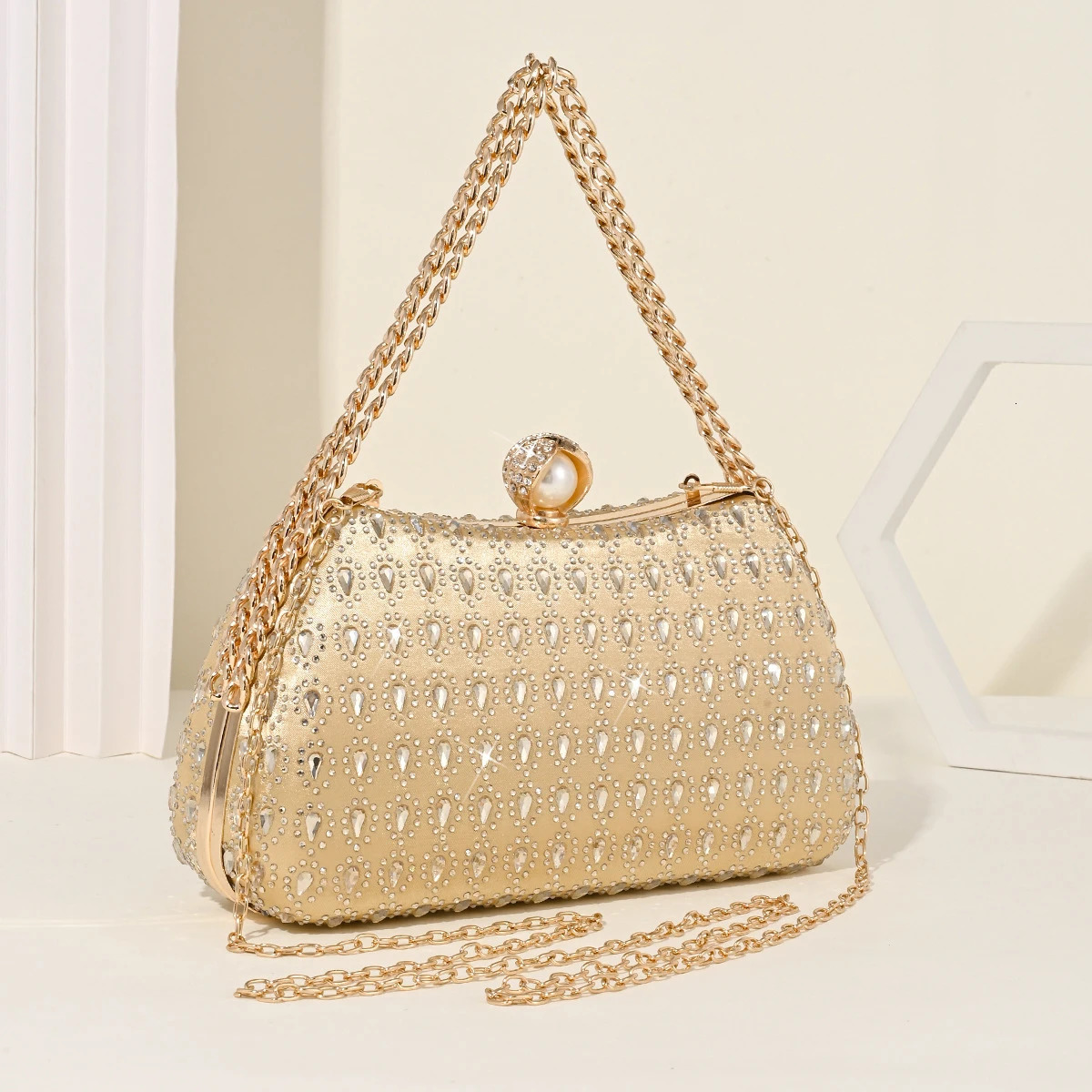 Tears diamonds evening dinner bag pearl buckle top handle handbag chain shoulder wallet half moon rhinestone party clutch 241023