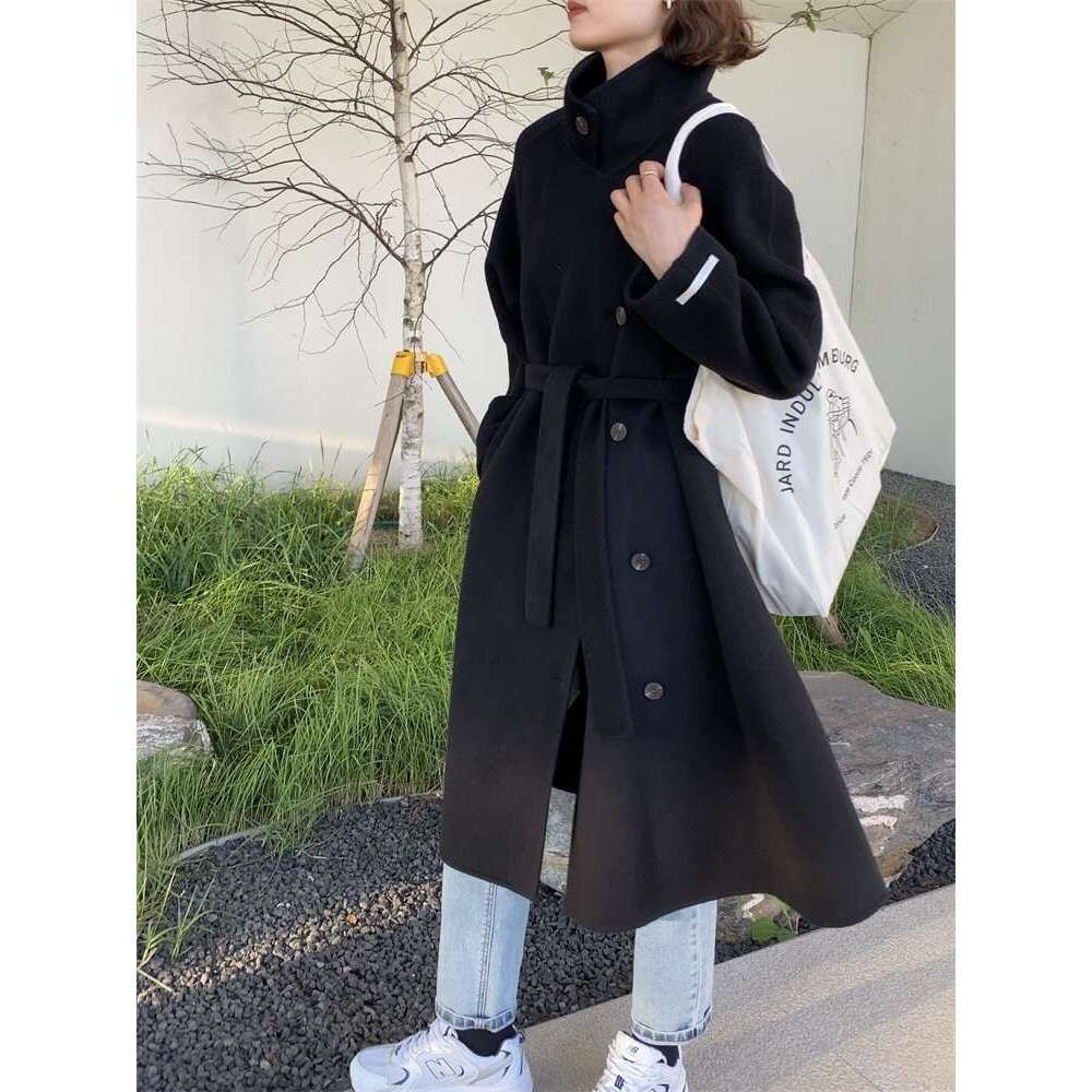 Rose Long Cashmere Coat Women Fashion Loose Lace-Up Stand Collar Double-Sided Single Breasted Woolen Coats Women 2024 New