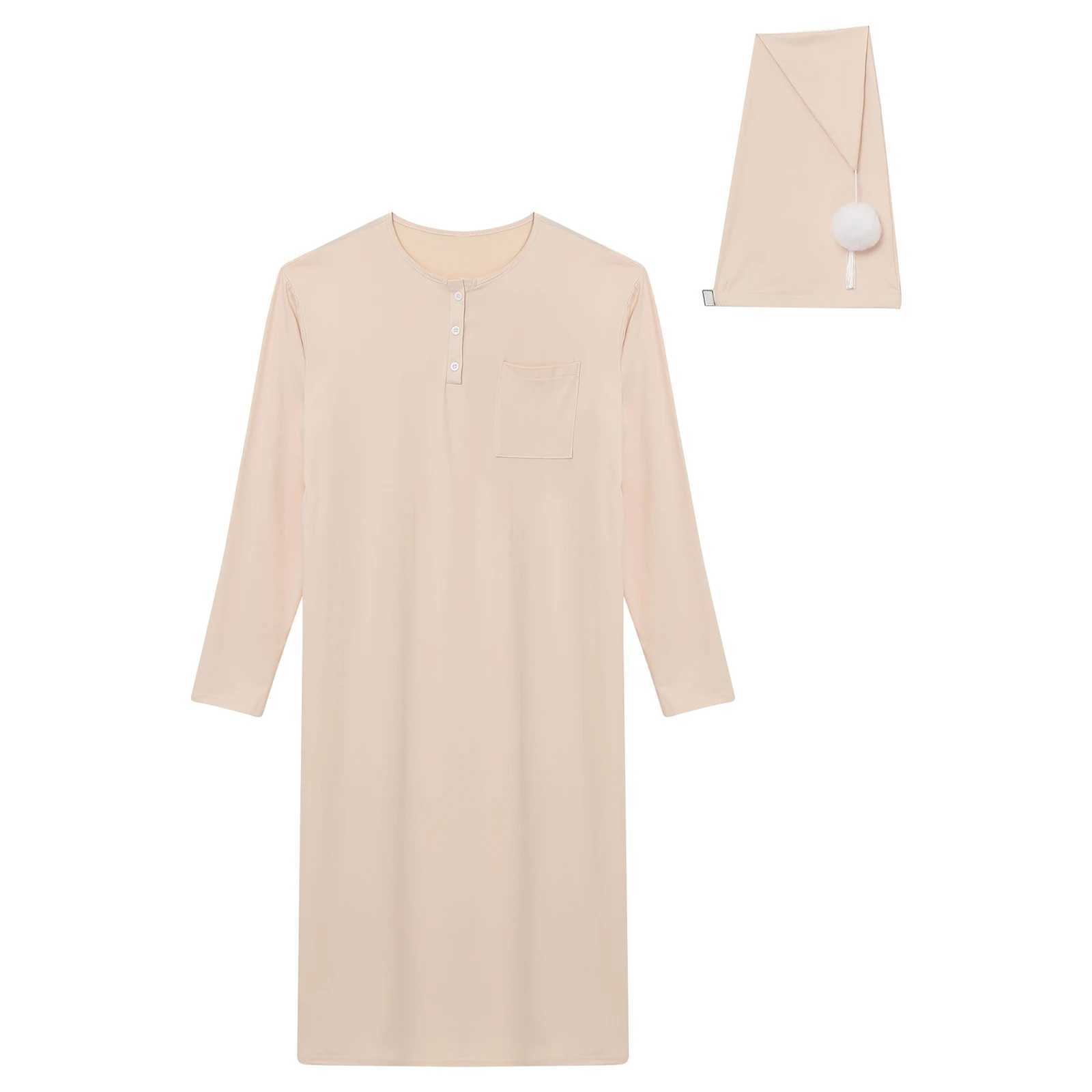 Mens solid Sp robe round neck long Sve Spwear pajamas loose bathroom pajamas with Pom pom hat W241023