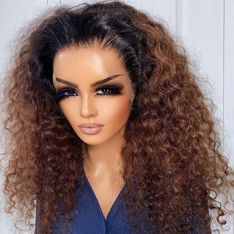 Soft 26 "Long Ombre Honey Blonde Brown 180Density Kinky Curly Lace Front Wig For Black Women BabyHair Glueless Preplucked Daily