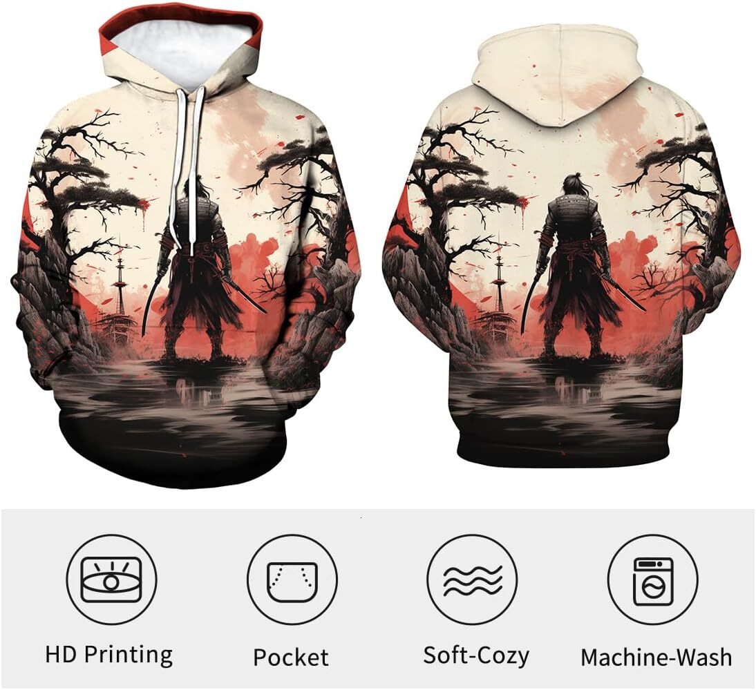 Hoodie for Mens Womens Japanese Samurai Hoodie Men Retro Art Pattern Pullover Hoodies Men Graphic Hoodies sweatshirt Trendy Warmth