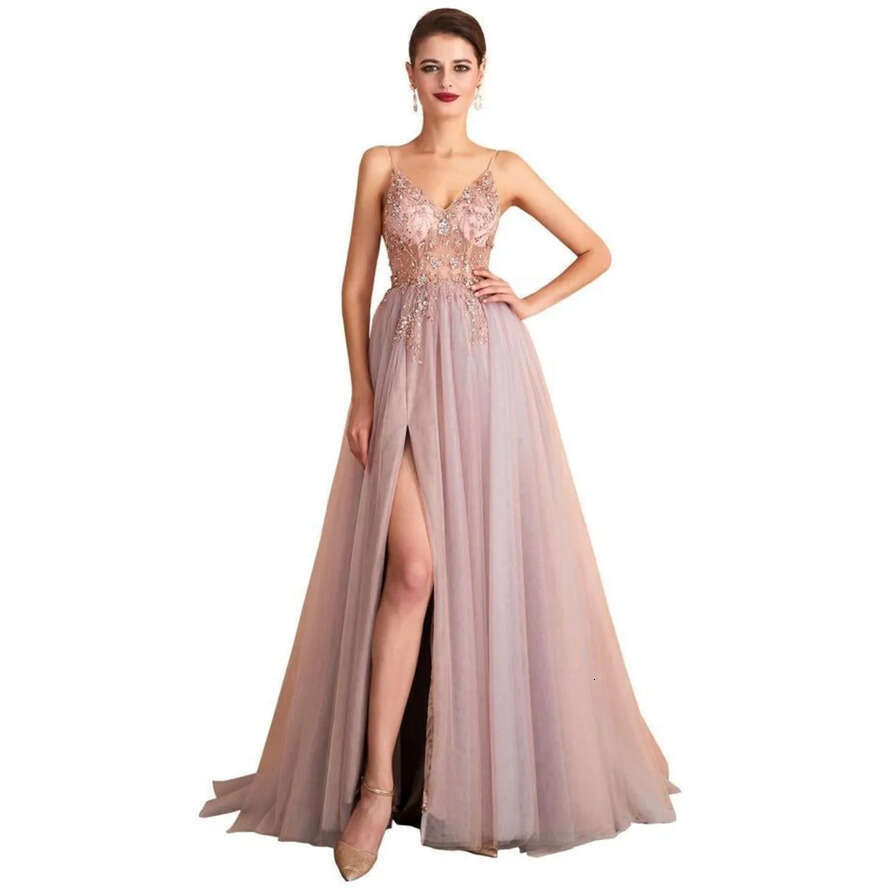 A E Tulle Modern Prom Dresses Sexy Spaghetti Straps Front Slit Long Evening Party Gowns Open Back Bridesmaids Wears Bc18028 vening