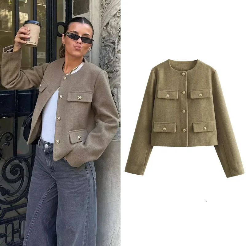 TRAF Womens Tailored Jacket Autumn/Winter Tailored Jacket Coarse tweed Round Neck Long Sleeve Half Season Jacket Bomber Coat 241023