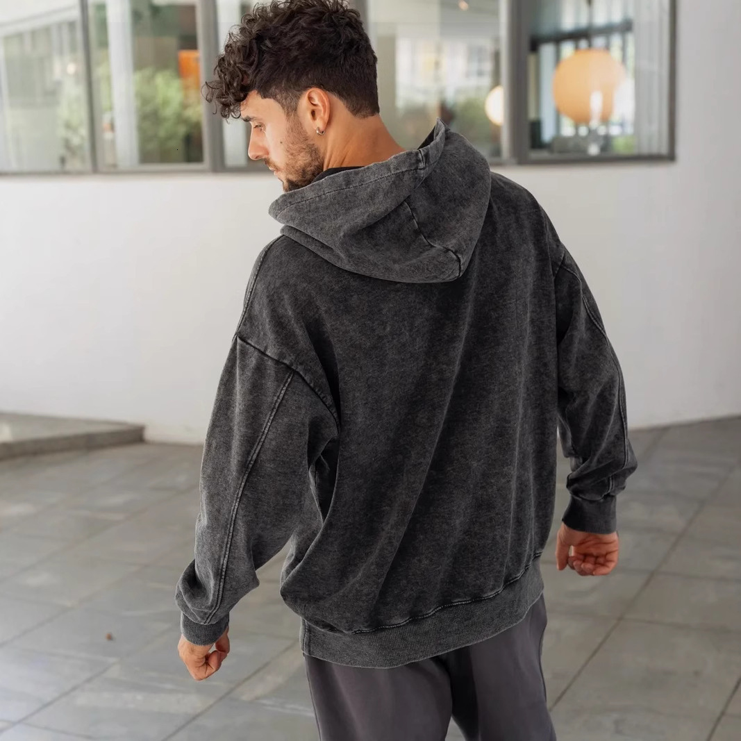 Men's hoodie, wax printed heavy-duty circular hooded sweatshirt, water washed outfit, loose and fashionable couple's top