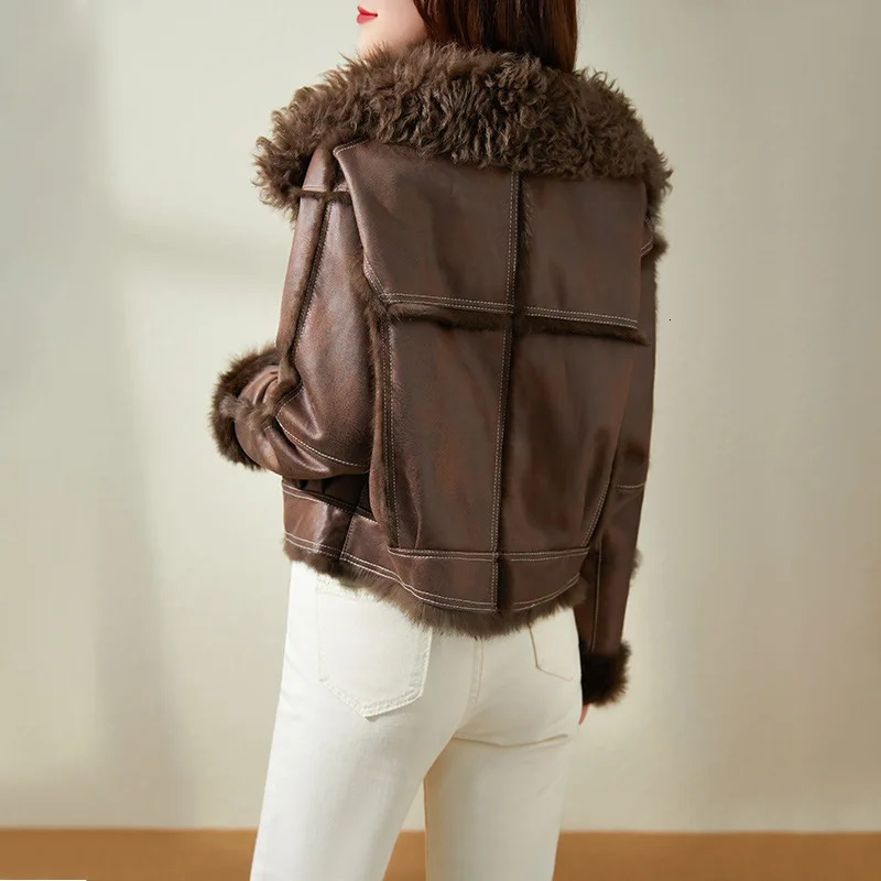 Womens Suede Short Coat Autumn Natural Rabbit Fur Splicing Jacket Street Clothing Office Womens Full Set Coat S-XL 241023