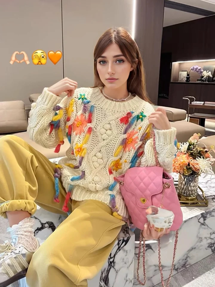 Handknit Coarse Wool Blend Knitted Sweater Colorful Tassel Pullover Tops Autumn Winter Sexy Streetwear Y2K Knitwear C230