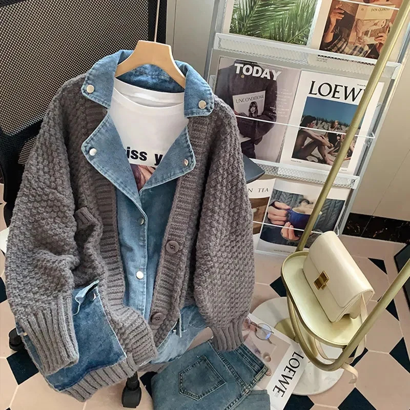 Fat mm200 Pounds Vintage Denim Patchwork Sweater Coat ins Fashion Woman Autumn and Winter Thickened Loose Niche Cardigan 241021