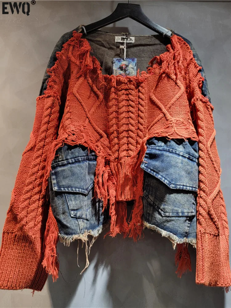 Retro long sleeved denim pocket patch work V-neck orange red sweater loose top retro womens zipper knitting 6U1329 241022