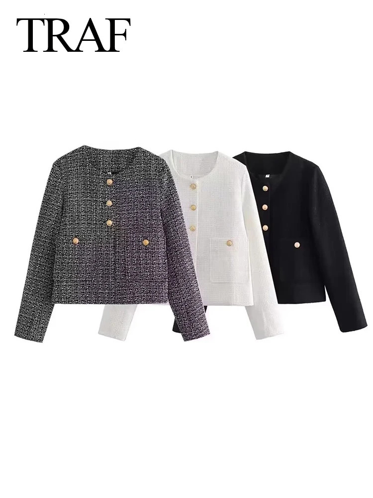 TRAF Spring Womens Elegant Coarse Felt Jacket Womens Single Chest O-Neck Long Sleeve Loose Texture Short Coat Womens Coat 241023