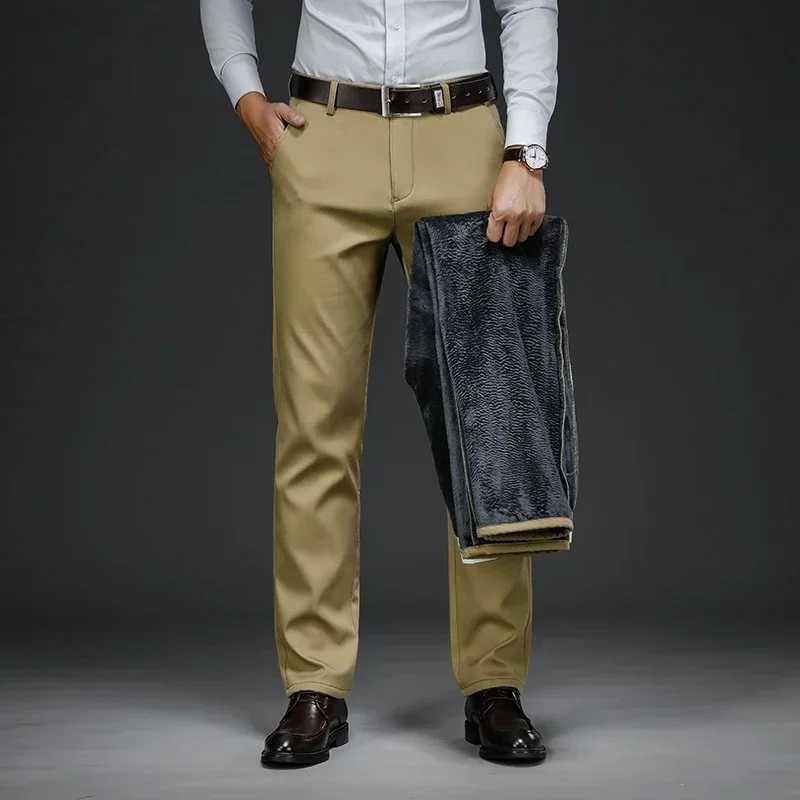 Classic Style Winter Warm Mens Business Straight Casual Pants Stretch Fabric Office Pants Fleece Thicken Trousers Khaki BlackX241023