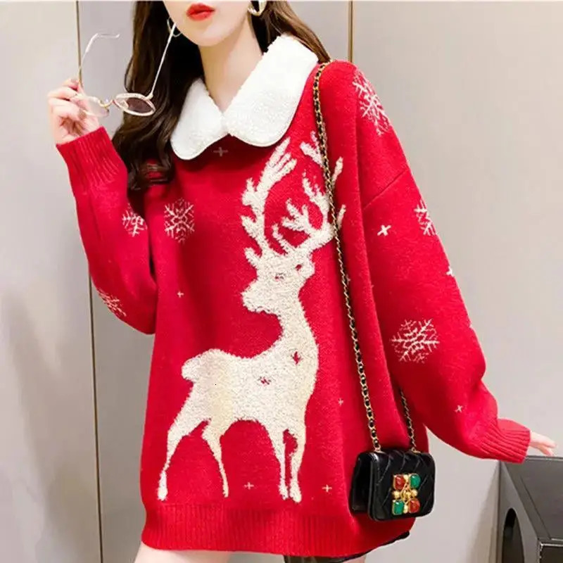 Christmas Cartoon Pullovers Women Clothes Allmatch Printing Turndown Collar Long Sleeve Mid Length Top Autumn Winter Sweater 241021