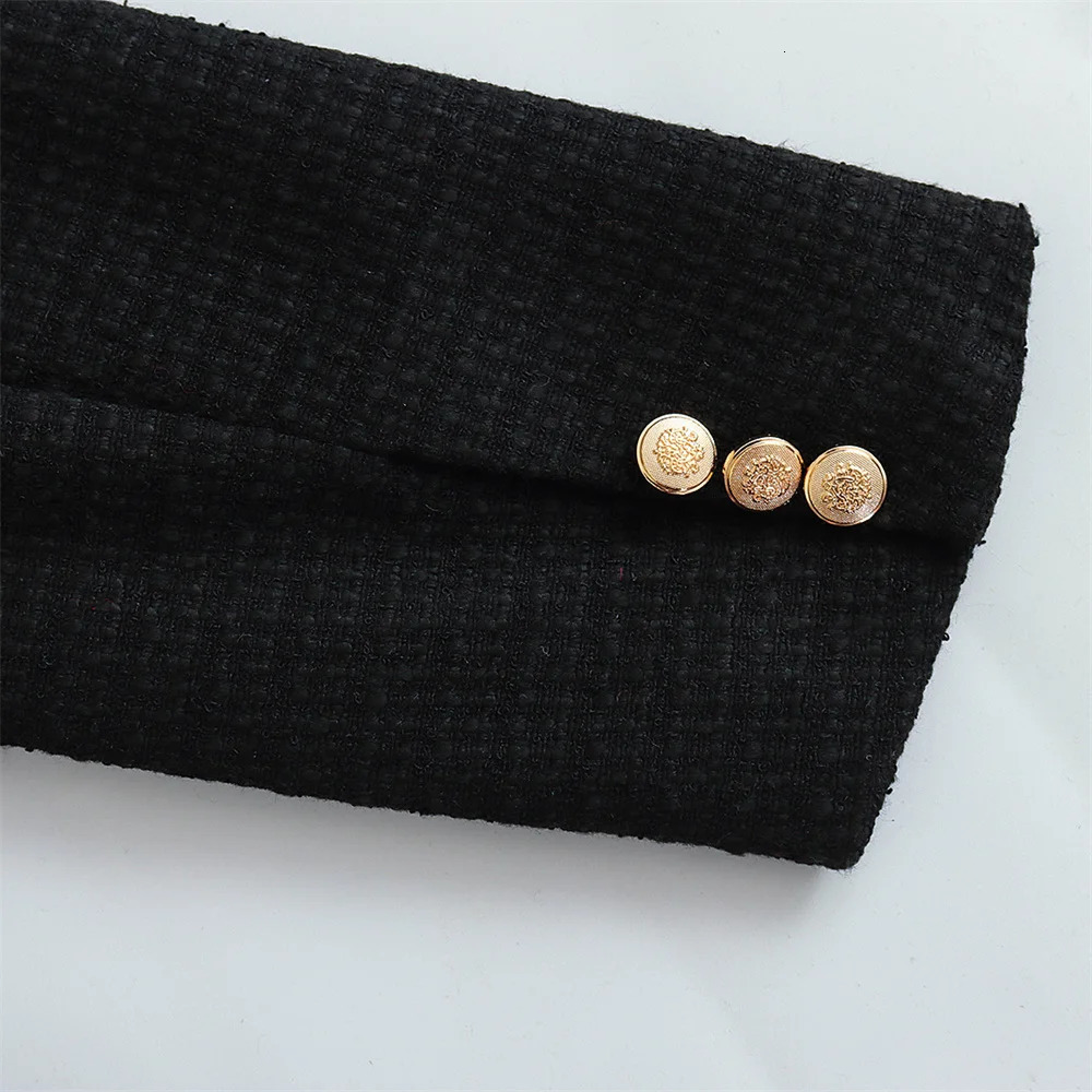 Womens Elegant Texture Double Chest Coarse Hemp Set Long Sleeve Pocket Jacket Womens Fashion Street Top 241023