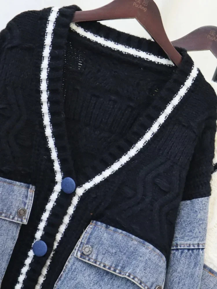 Contrast Denim Outerwears VNeck Long Sleeve Ropa Mujer Loose Woman Cardigans Autumn Winter Double Pocket Sweater 241021