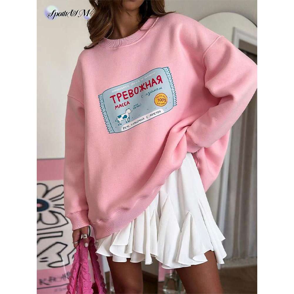 High end Warm Printing Sweatshirt Loose Round Neck Oversized Chic Women s Hoodies Trendy Casual Autumn Winter Office Lady Pullover Hoodie Caual