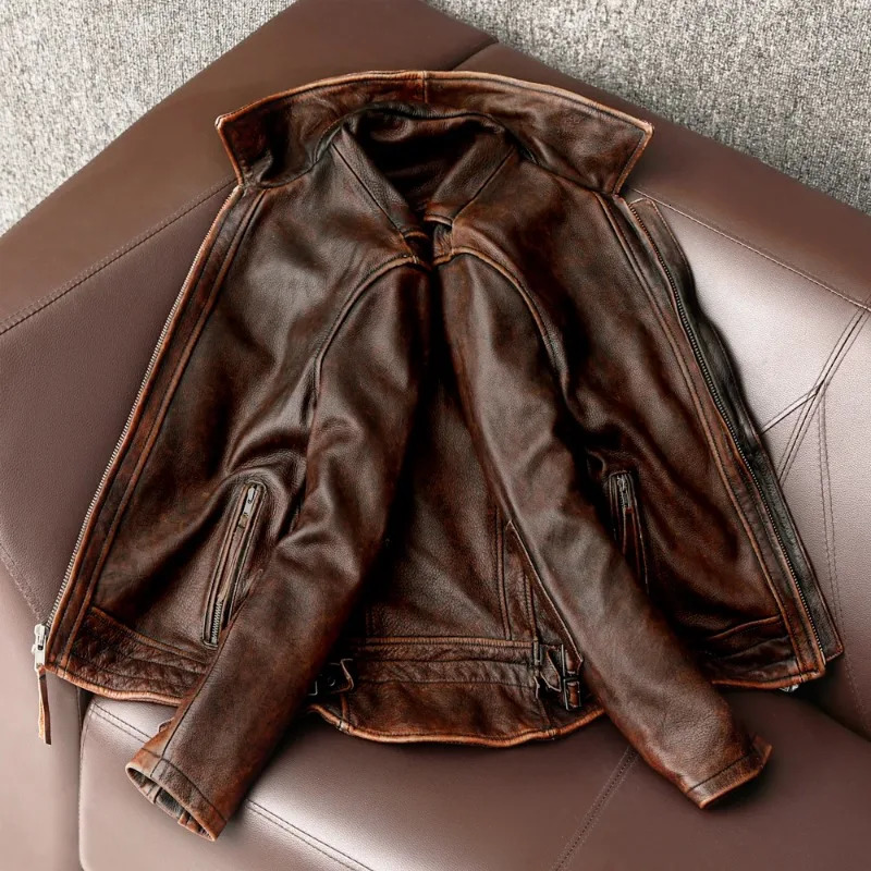 Mens genuine leather jacket retro brown 100% denim jacket mens ultra-thin fashionable motorcycle clothing Asian size S-6XL M697 direct 241023