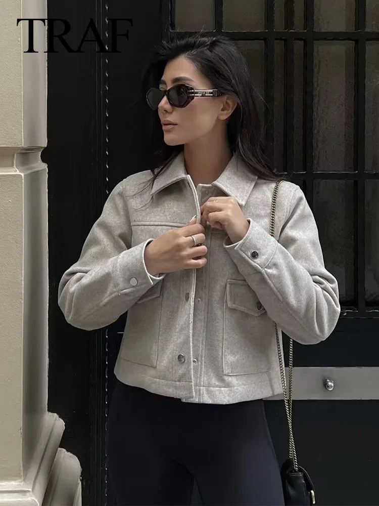 TRAF Womens Button Collar Jacket Womens Soft Coarse tweed Casual Coat Fashion Single Chest Short Coat Top 241023