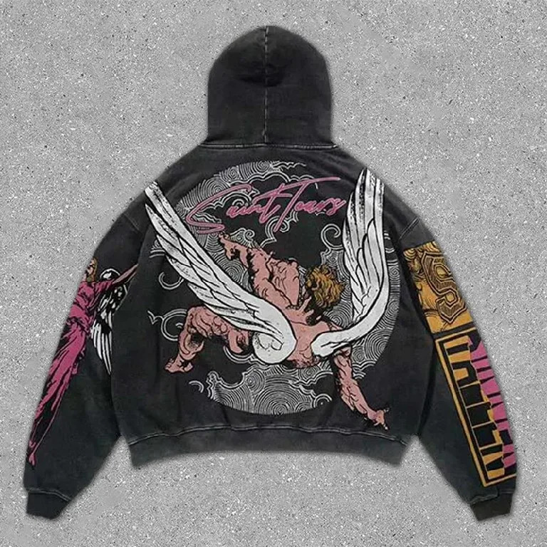 American Hoodie Y2K Clothing Original Gothic Hip Hop Angel Graphic Printing Oversized Retro Hoodie Sportswear Mens Zipper Hoodie 241011