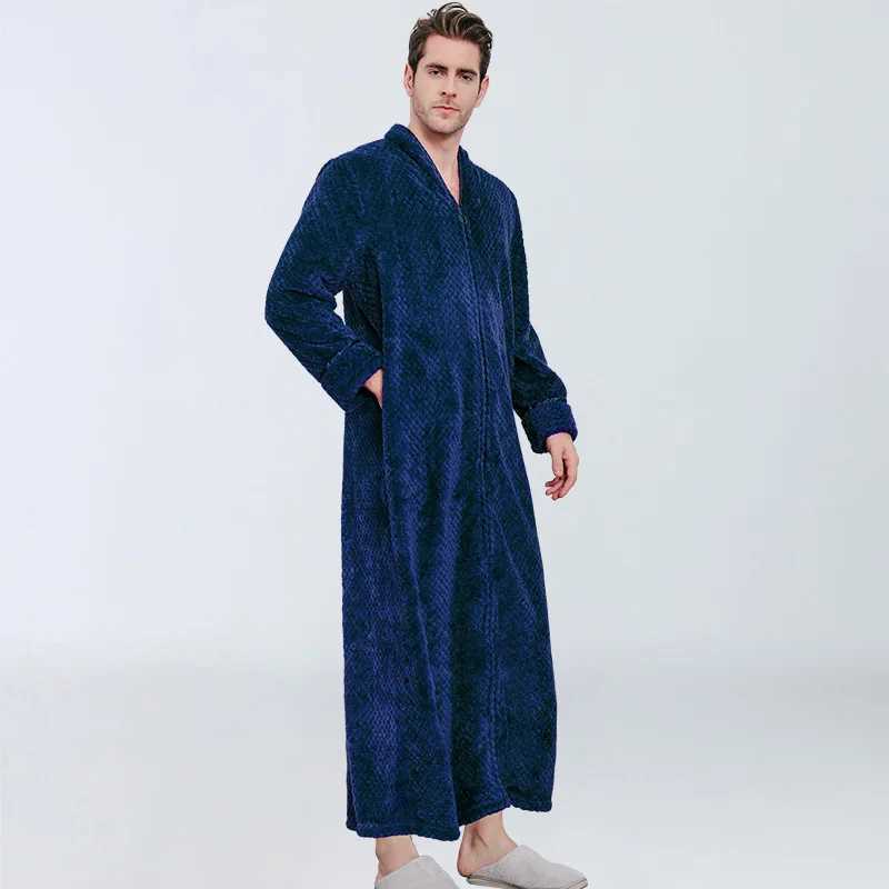 Autumn and Winter New Thick Zipper Night Light Flannel Couple Evening Dress with Length and Fat Mens Warm Pajamas W241023