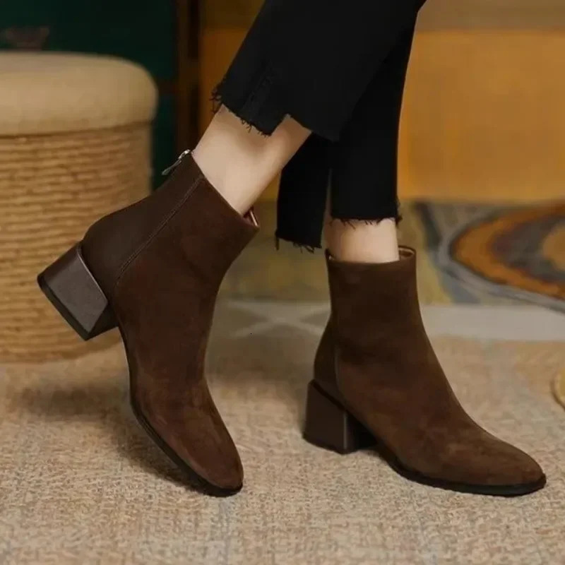 Autumn Square Toe Chunky Heel Ankle Boots for Women Winter Platform Suede Shoes atos 241021