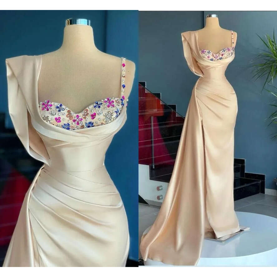 Mermaid Stic Champagne Gold Evening Dresses With Crystals Beads Cap Sleeve Pleats Ruffles Long Party Ocn Gowns Prom Dress Wears Bc13128