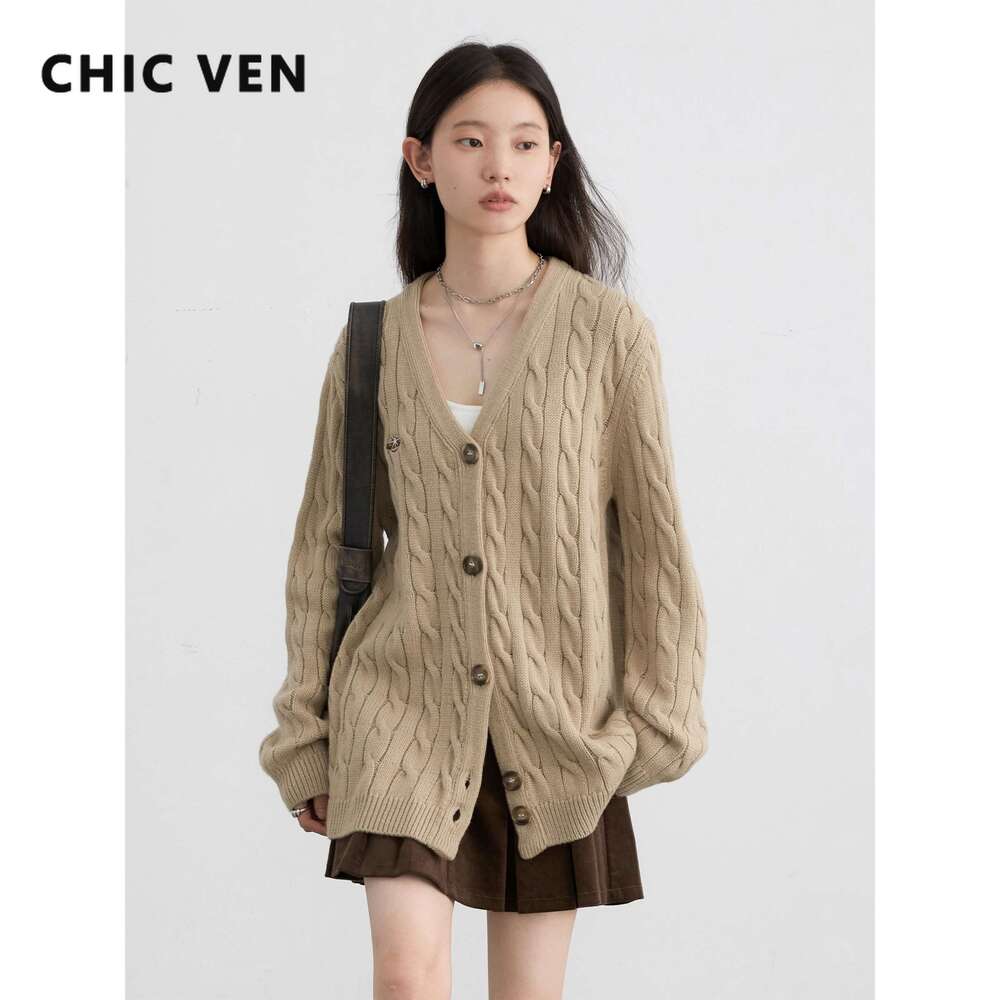 CHIC VEN Women Cardigan Single Breasted Loose New Vintage V-Neck Embroidered Knitted Jumpers Female Twisted Sweater Autumn