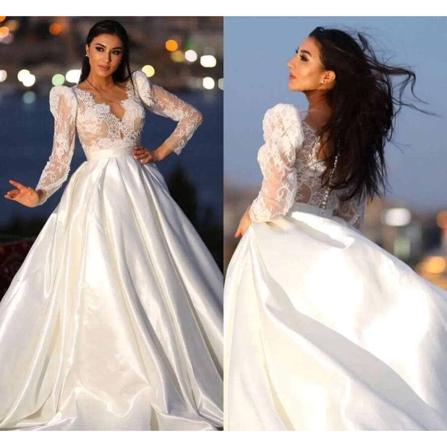 Arabic Lace Sleeve Modest Wedding Dresses A E Sheer Appliques V Neck Satin Long Bridal Gowns With Button Covered Back Bc18523 ppliques