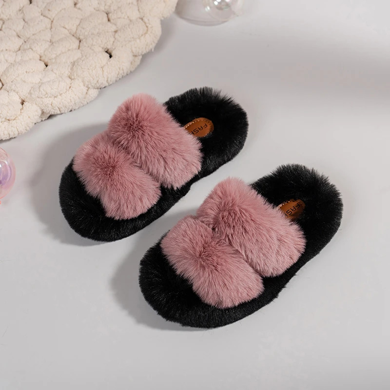 Girl slider fur open toe tricolor family outdoor childrens slider winter fashion slider casual fully matched childrens shoes 241022