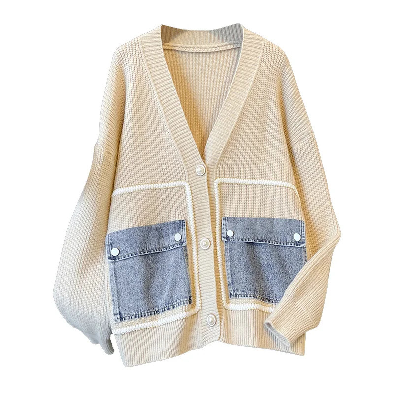 Winter Denim Patchwork Knitting Cardigan For Women Loose V Neck Long Sleeve n Y2K Sweater Fashion Tops 241021
