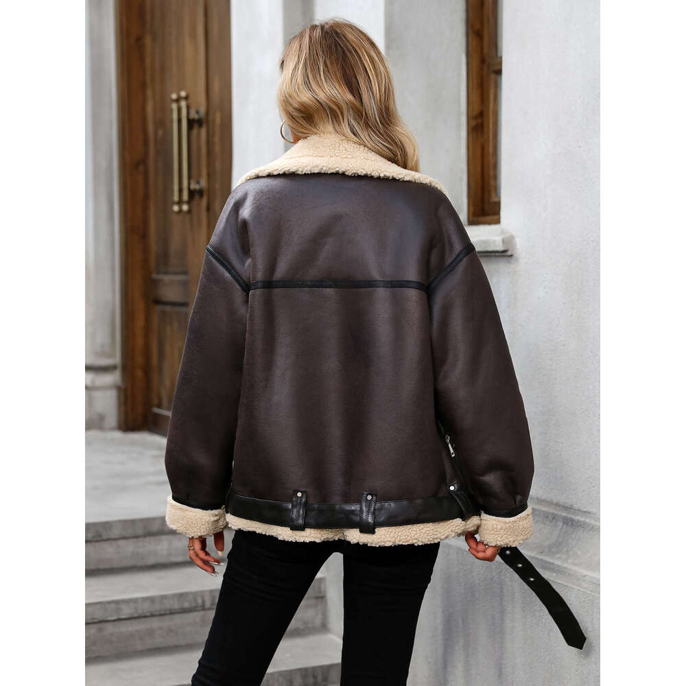 FTLZZ Winter Women Faux Lamb Fur Leather Jacket Casual Lady Thick Warm Coat High Street Motorcycle Outwear