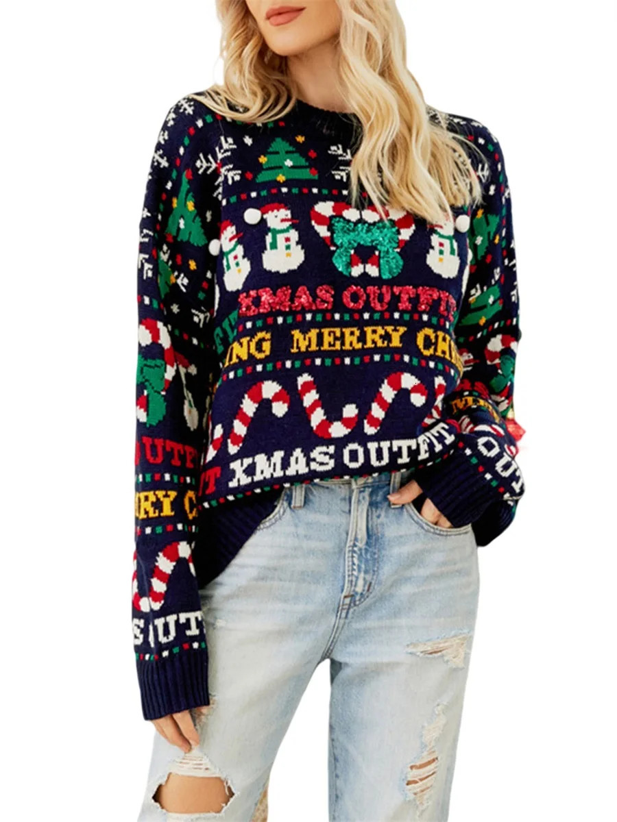 Women s Ugly Christmas Sweaters Long Sleeve Santa Snowman Print Loose Knit Pullovers 241021