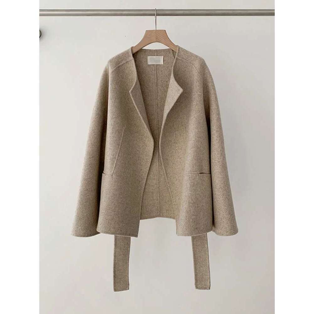 Rose Korean Double-Sided Cashmere Winter New Short Warm Fashion Lace-Up Casual Round Neck Wool Coat Women