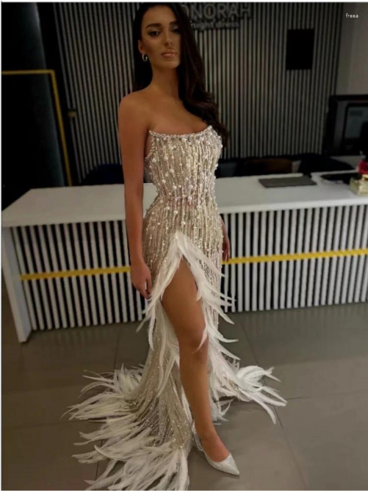 Strapless Pearl Maxi Dress, Sexy High Split Bodycon Evening Gown B1