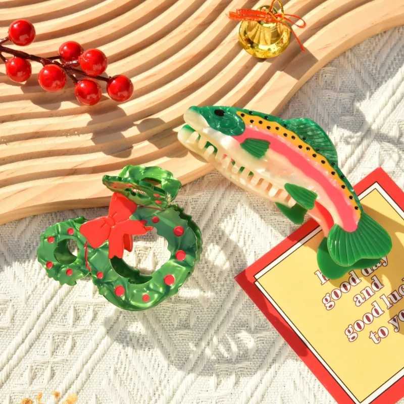 Cartoon Christmas Mouse Head Hair Claw Acetate Christmas Tree Car Crab Hair Clips Cute Hat Fish Hair Accessories for Women GirlsX241021