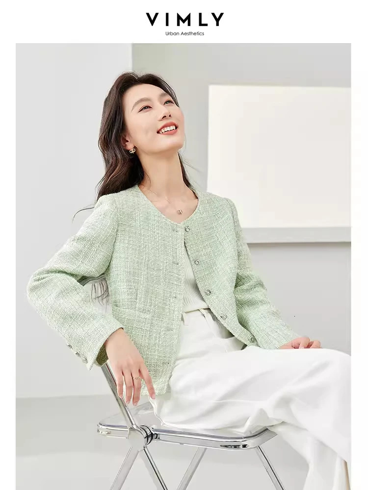 Vimly elegant cut tweed red jacket womens spring coat O-neck single chest long sleeved womens coat M6103 241023