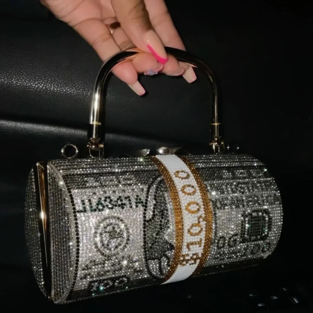 Trend Rhinestone Womens Handbag Shiny Round Dinner Bag Fashion Metal Chain Diamond Party Wedding Wallet 241023