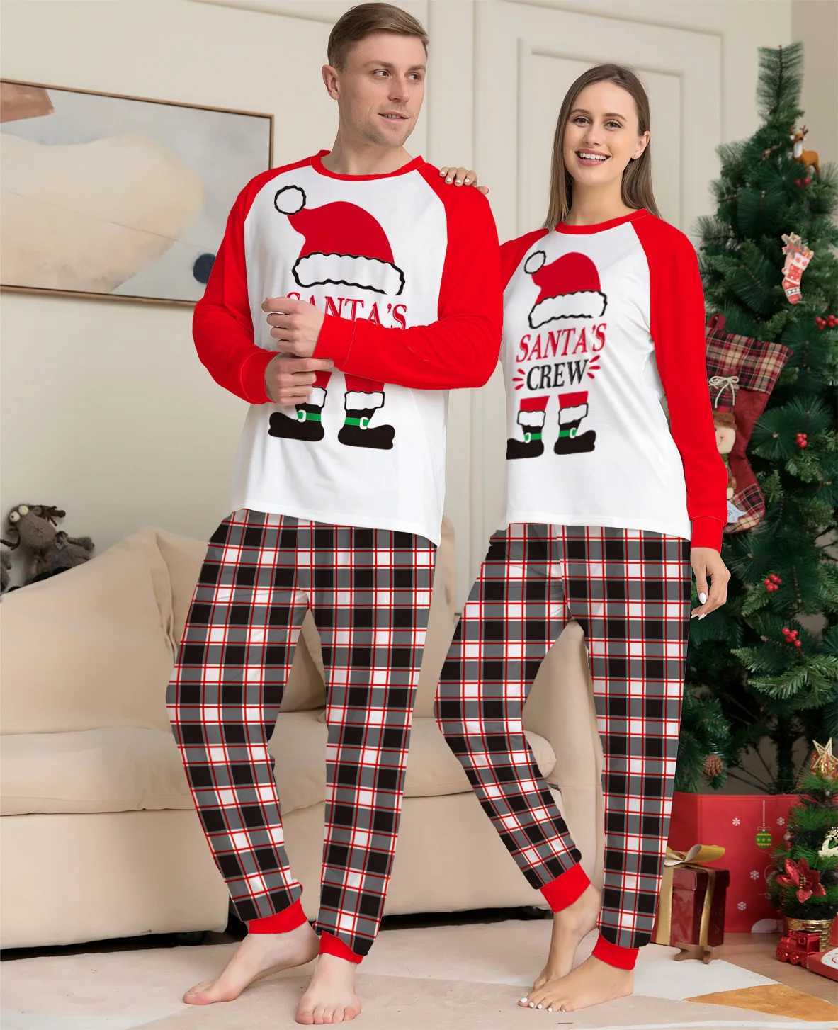 Xmas Family Matching Pajamas 2022 New Cartoon Christmas Hat Letter Print Plaid Pants Adult Kids Suit Baby Jumpsuit Dog ClothesXJ241008