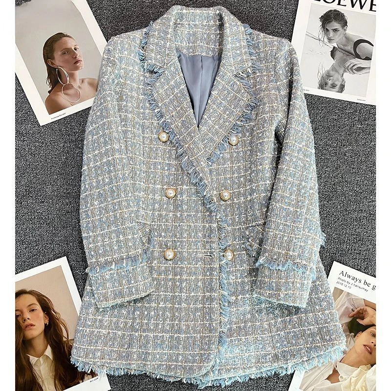 Double breasted wool jacket Chaquetas Para Mujer thick blue tweed jacket womens fashion autumn jacket 241023