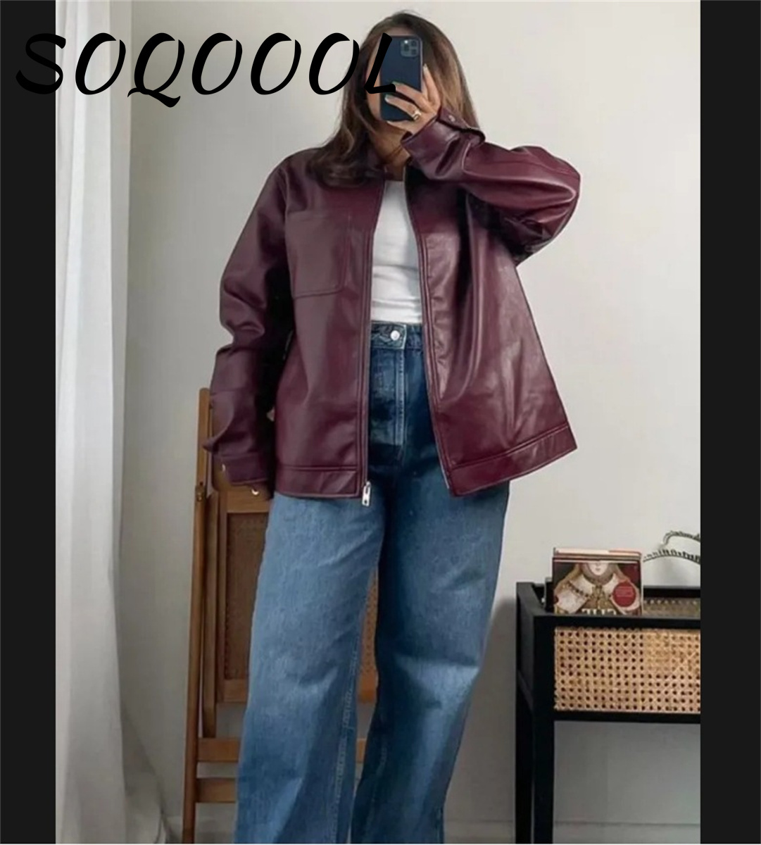 Autumn Women Fashion New Imitation Leather Jacket Solid Red Loose Short Jackets Woman With Zipper Moto Biker Female Coat