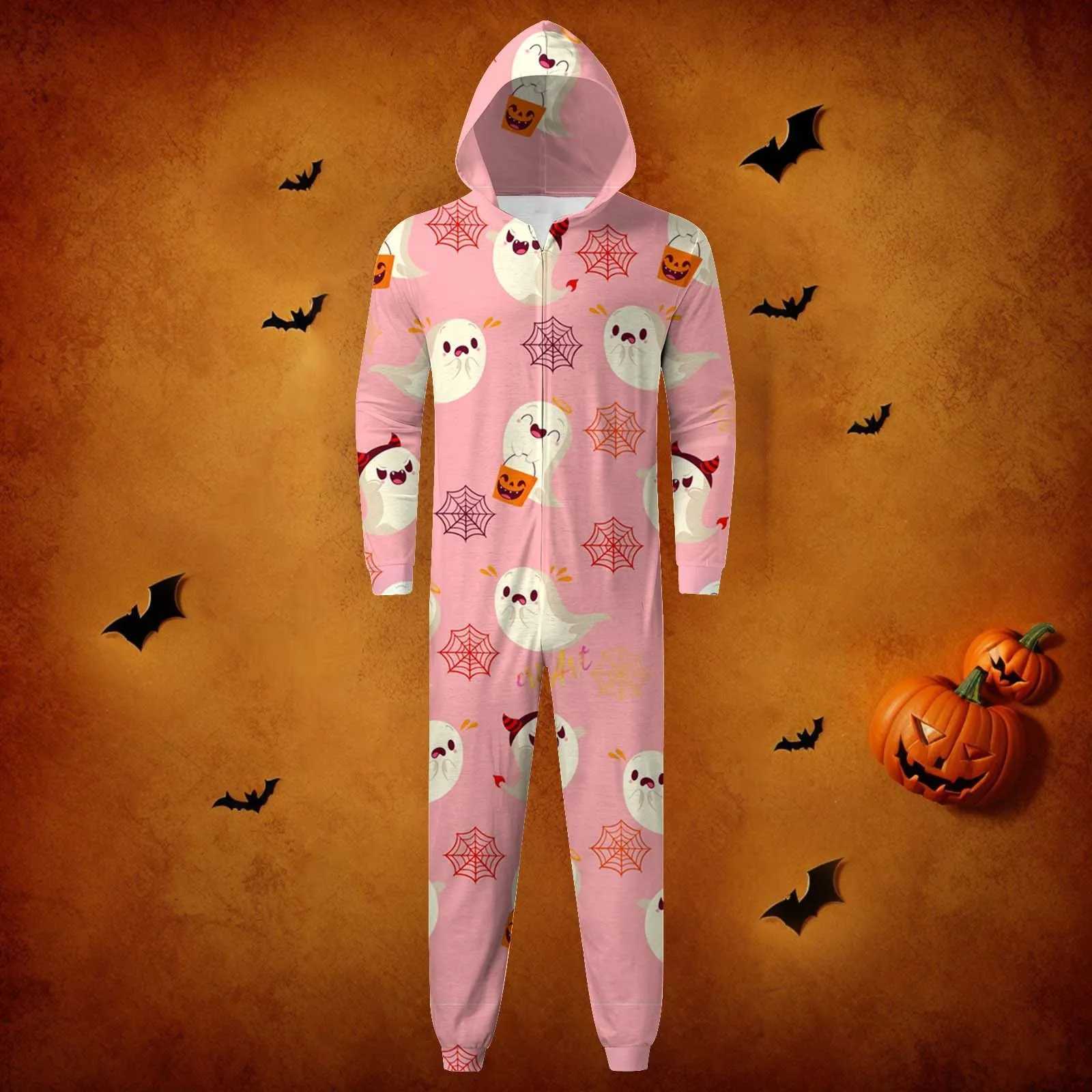 Halloween Family Costume Specter Cute Print Hooded Zipper Family Jumpsuit Family Christmas Pajamas Halloween Parent Child OutfitXJ241008