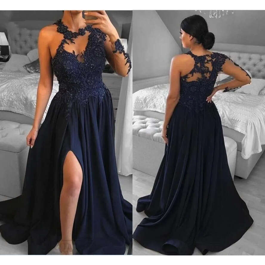 Lace Elegant Navy Blue Chiffon Evening With Front Split A E Appliques Jewel Neck Sheer Long Sleeve Prom Gowns Bridesmaid Dresses Bc12339 ppliques